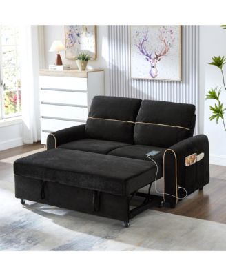 Convertible Sofa Bed, Chenille Pull Out Sleeper Couch with Adjustable Backrest, 4 Side Pockets and Charging Ports for Living Room