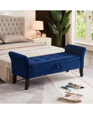 51.5 Inch Storage Ottoman Bench, Velvet Upholstered End of Bed Bench, Window Bench with Solid Wood Legs and Curved Armrests for Living Room