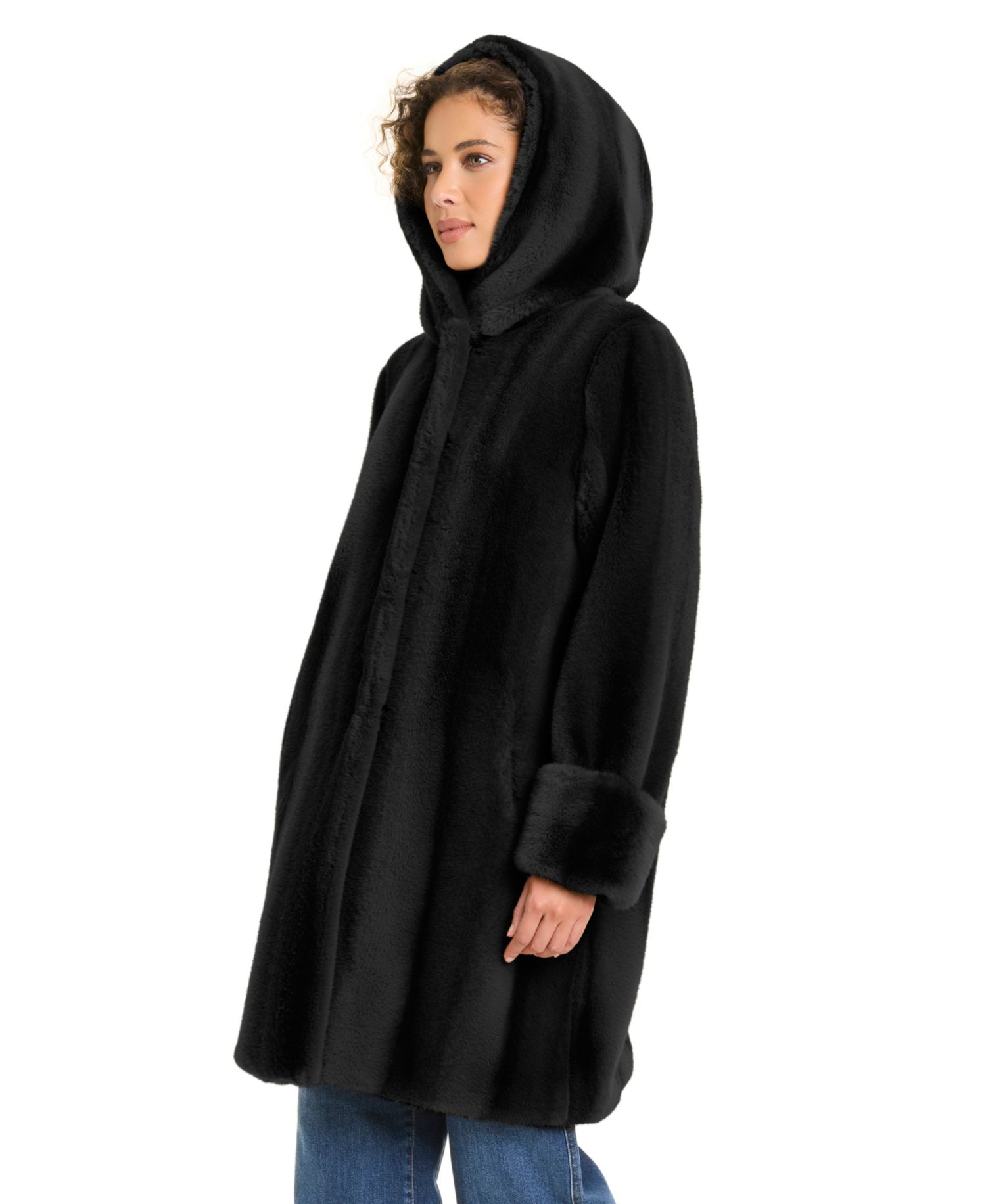 Petite Hooded Faux-Fur Polyester Mid-Length Coat, Created for Macy's