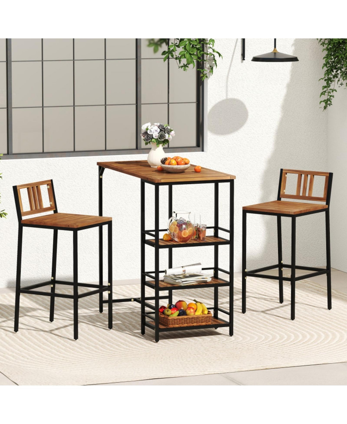 Gouun 3-Piece Outdoor Acacia Wood Patio Bar Set with 3-Tier Storage Shelf and Metal Frame