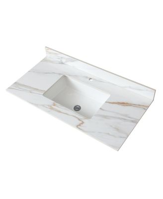 Sintered Stone Bathroom Vanity Top with Ceramic Sink, Carrara Marble Look, 4" Backsplash, Water Stain and Scratch Resistant, 31/37/43 Inch