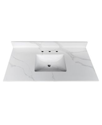 Quartz Bathroom Vanity Top with Undermount Sink, Carrara Marble Look, 4" Backsplash, Stain and Water Resistant, Multiple Sizes
