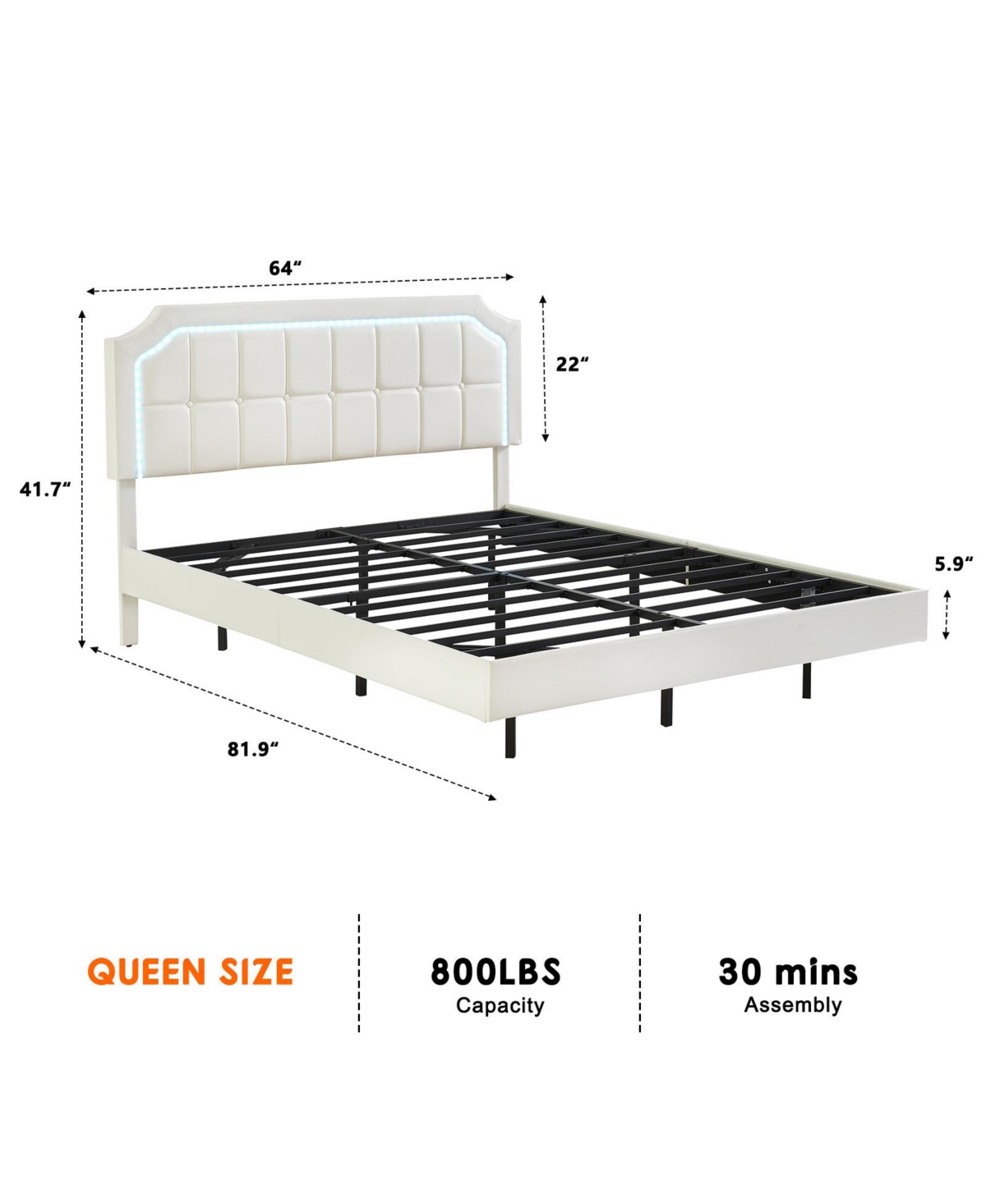 homfan Floating Upholstered Bed Frame with Led Headboard, Adjustable Height, Metal Slat Support, Box Spring Not Required
