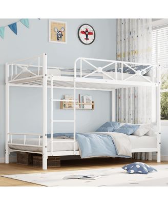 Twin Over Twin Metal Bunk Bed with Floral Design, Safety Guardrails, Space-Saving Steel Frame for Bedroom or School