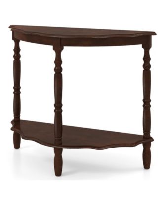 Rubber Wood Half Moon Console Table with Storage Shelf
