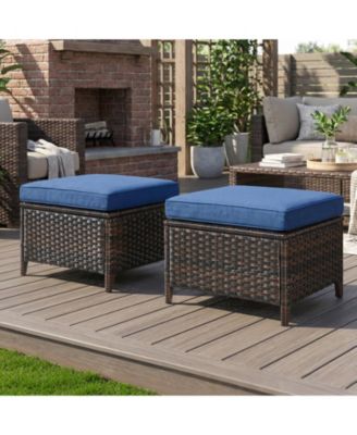 2 Pieces Outdoor Patio Ottoman, All Weather Rattan Wicker Ottoman Seat, Patio Rattan Furniture, Outdoor Footstool Footrest Seat with Cushions