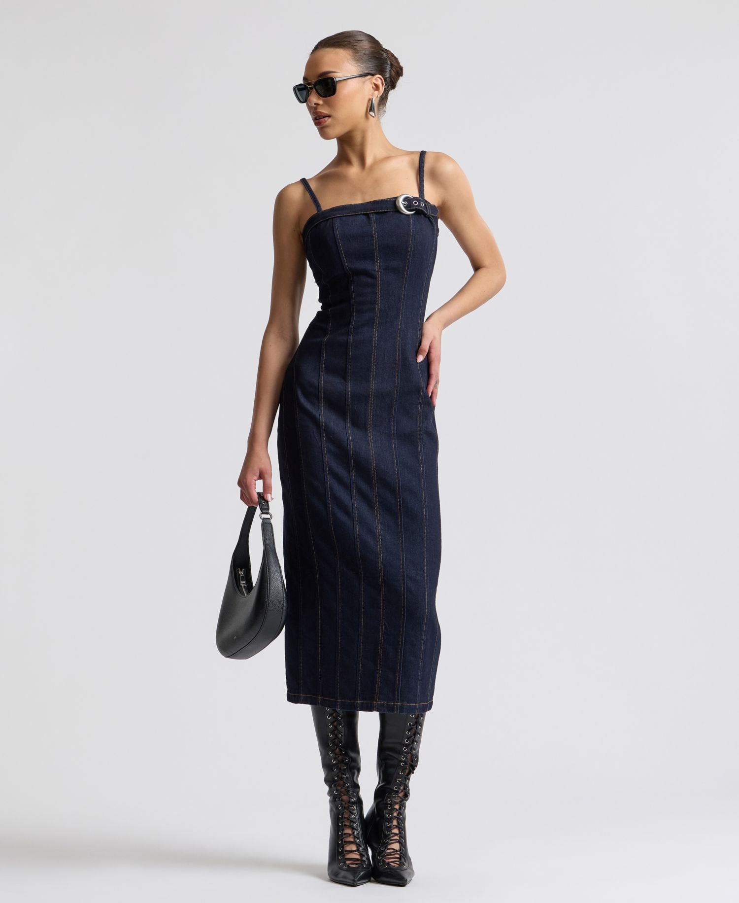 Women's Seamed Denim Midi Dress