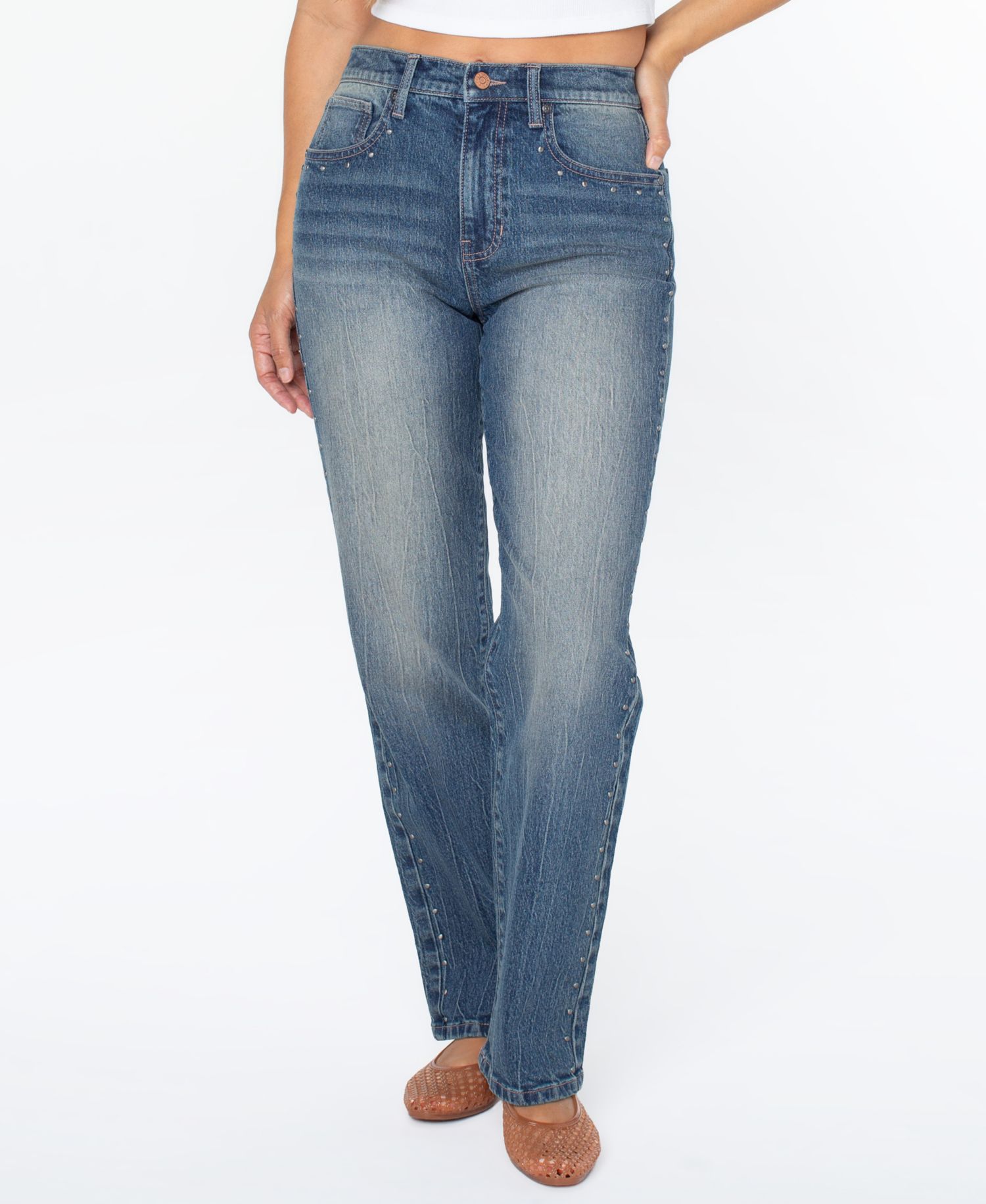 Juniors' Ultra High-Rise Studded Straight-Leg Jeans