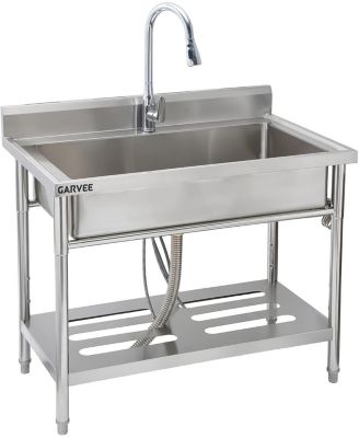 Freestanding Stainless Steel Utility Sink Single Bowl Sink with Hot and Cold Pull-Out Faucet Storage Shelf Adjustable Legs