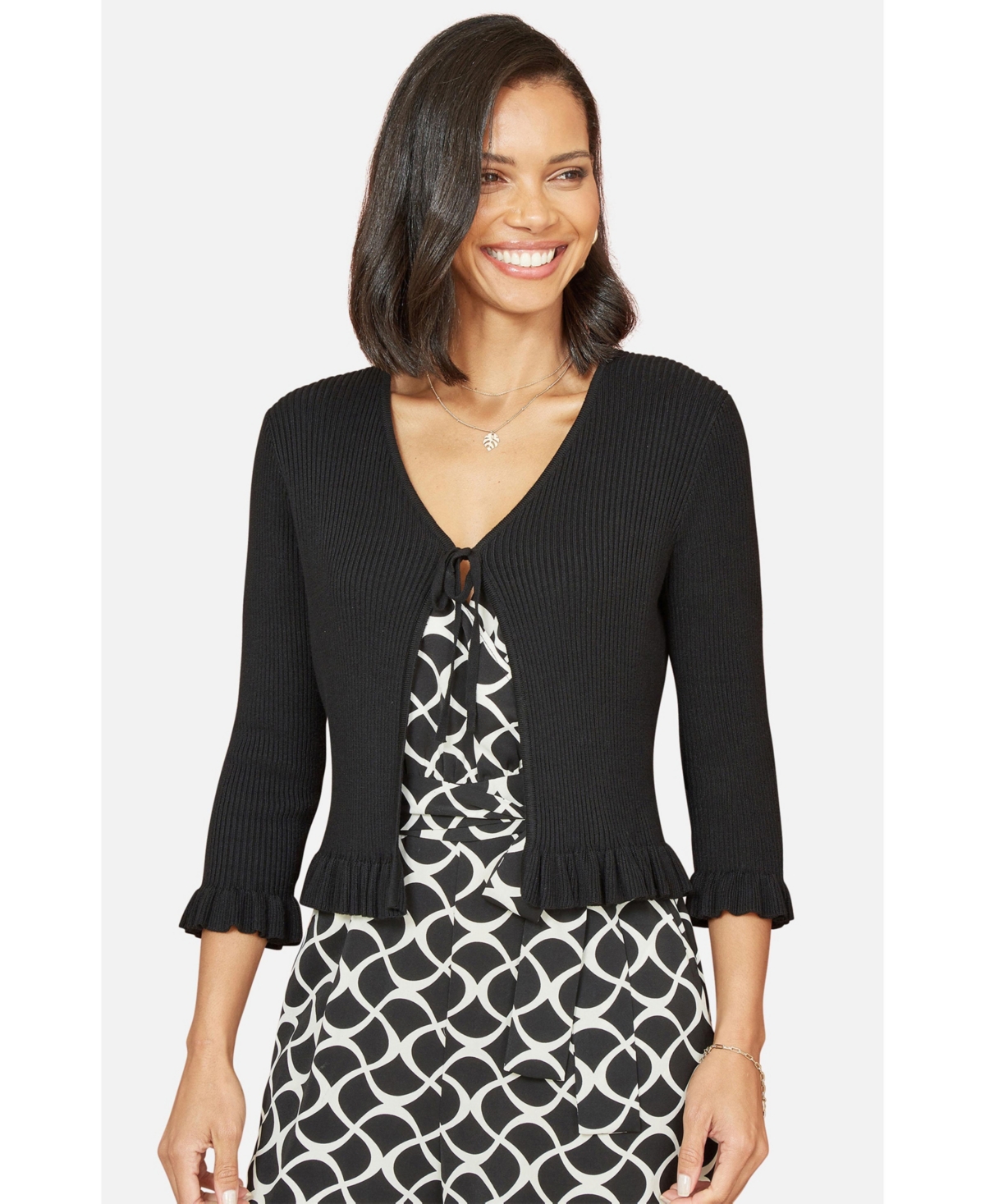 Yumi Women's Tie Front Frilled Hem Ribbed Cardigan