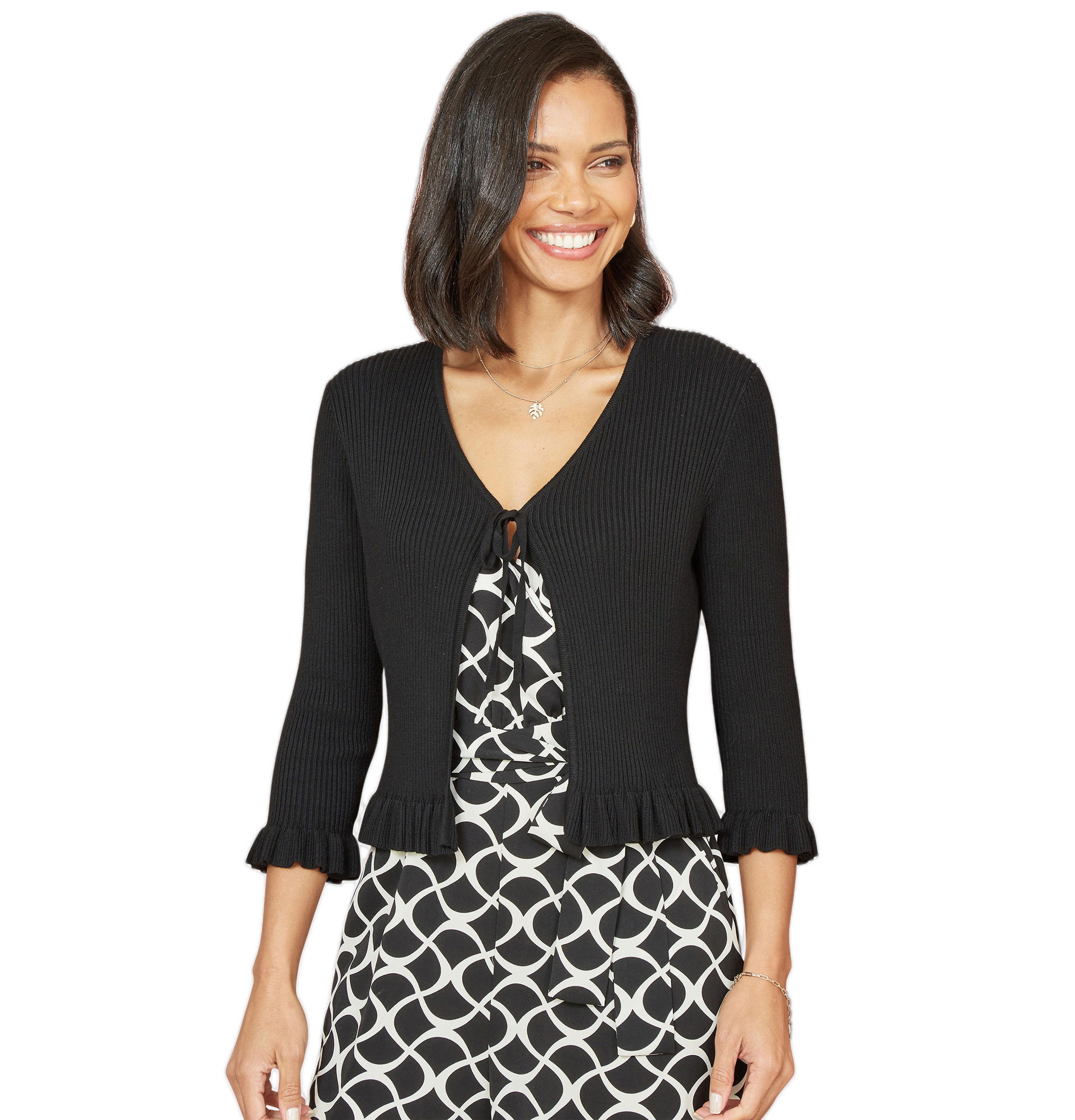 Yumi Women's Tie Front Frilled Hem Ribbed Cardigan