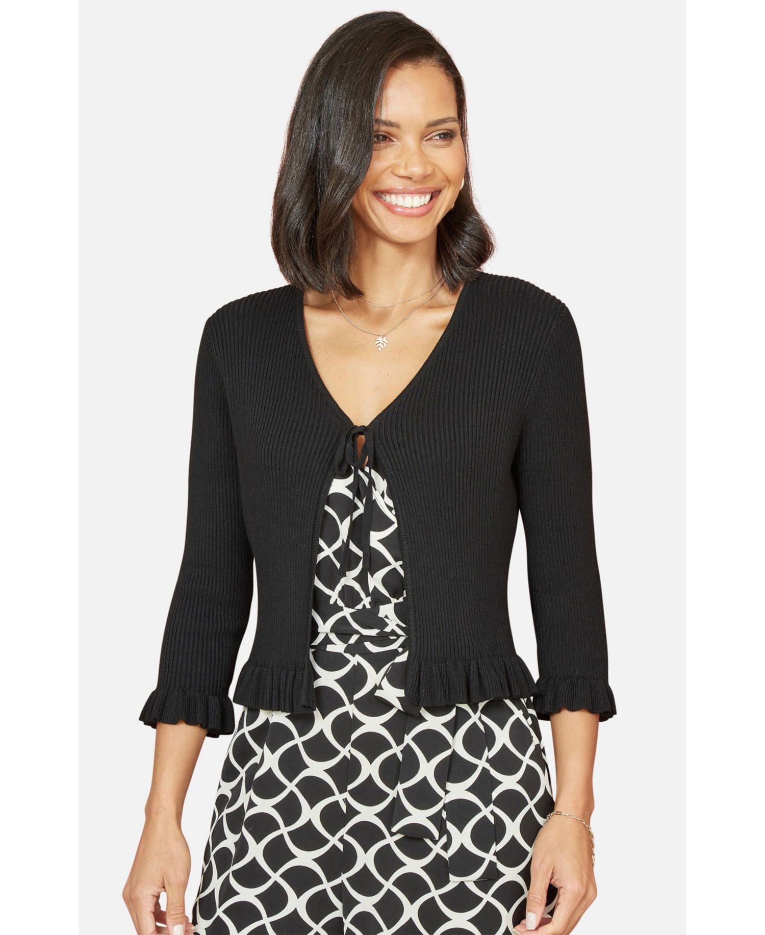 Women's Tie Front Frilled Hem Ribbed Cardigan