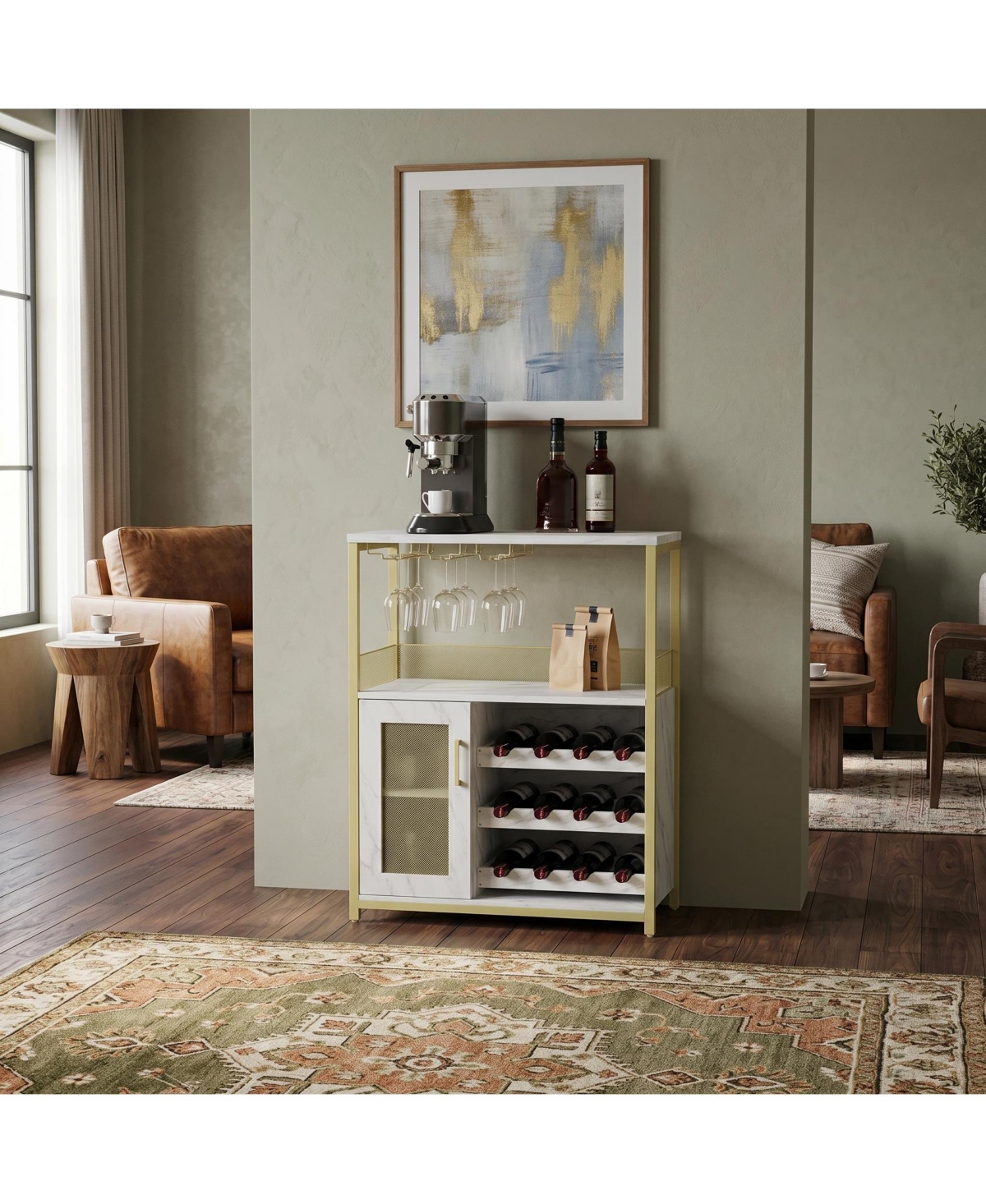 homfan Wine Cabinet with Led Lights, Freestanding Liquor Storage Rack for Living Room Kitchen Dining Room, Engineered Wood and Iron Bar Cabinet