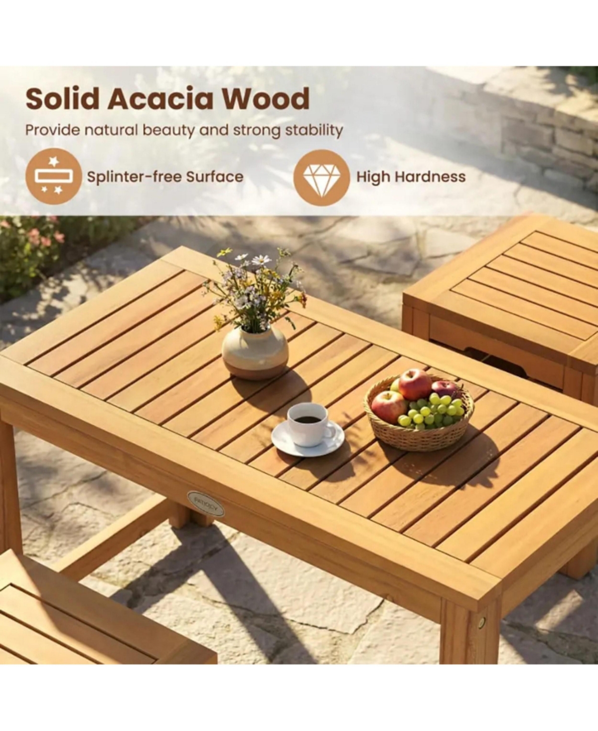 Yiortwo 3-Piece Acacia Wood Patio Coffee Table Set with Storage Stools