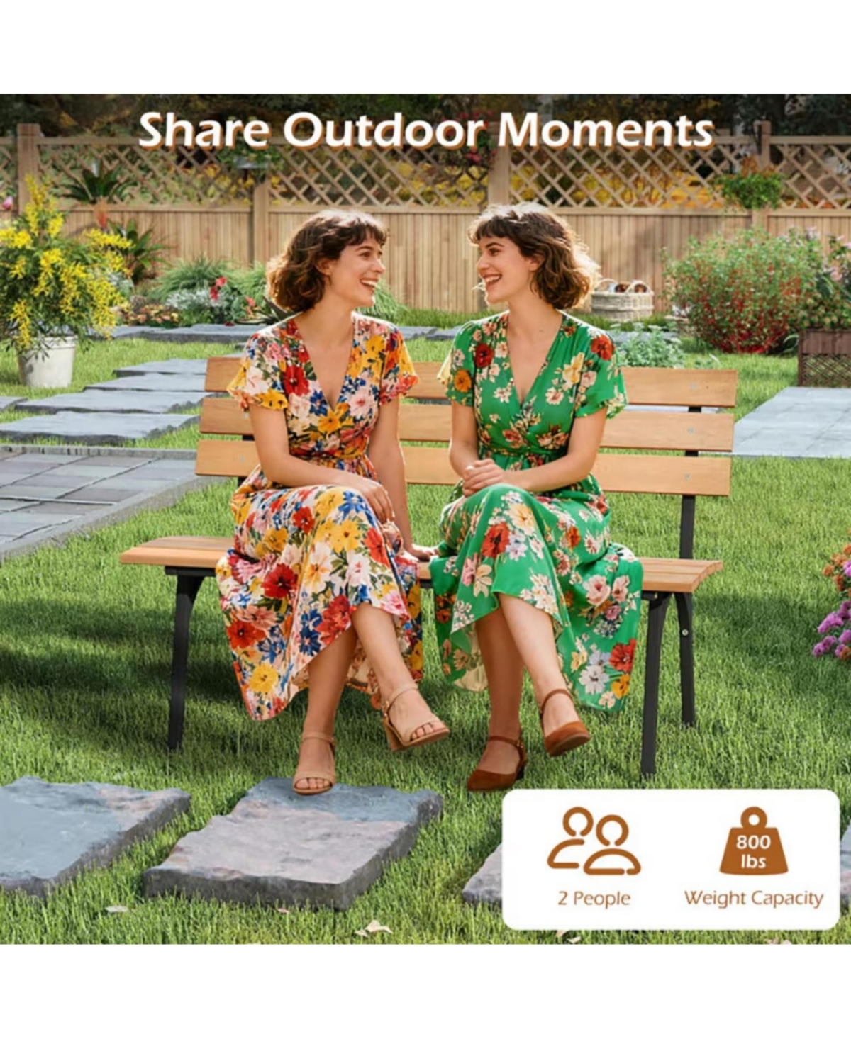 Yiortwo Acacia Wood Outdoor Bench with Metal Frame, 2-Person Patio Bench