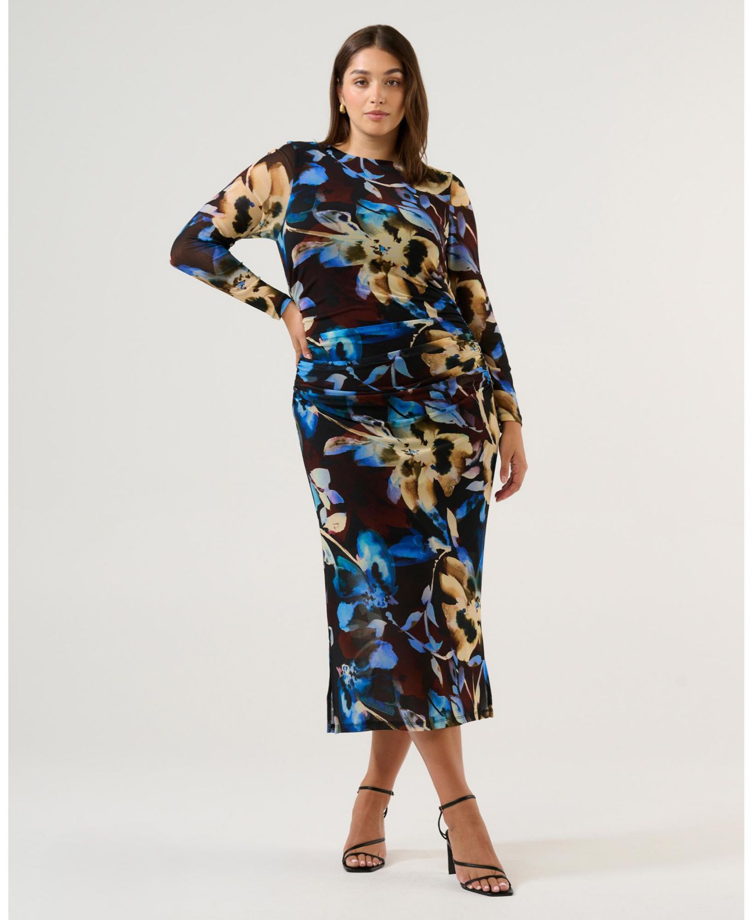 Women's Cleo Floral Mesh Ruched Bodycon Midi Dress