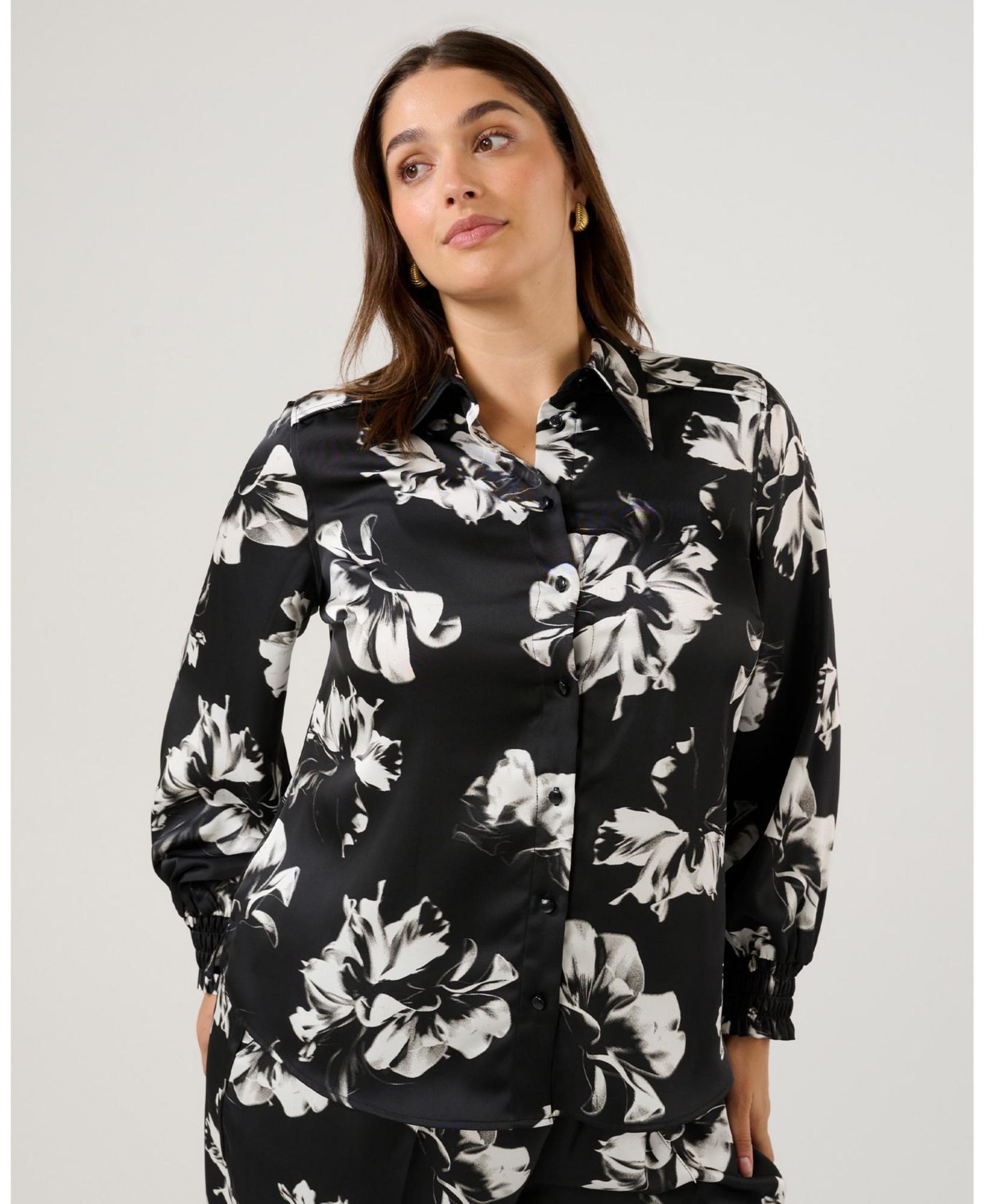 Женская рубашка ESTELLE Gilda Floral Satin Button-Front Collared, цвет: Чёрный — фото 1