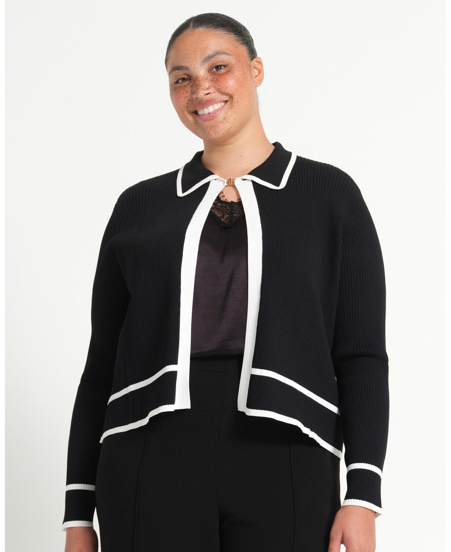 Women's Gracie Contrast Ribbed Collared Long Sleeve Cardigan
