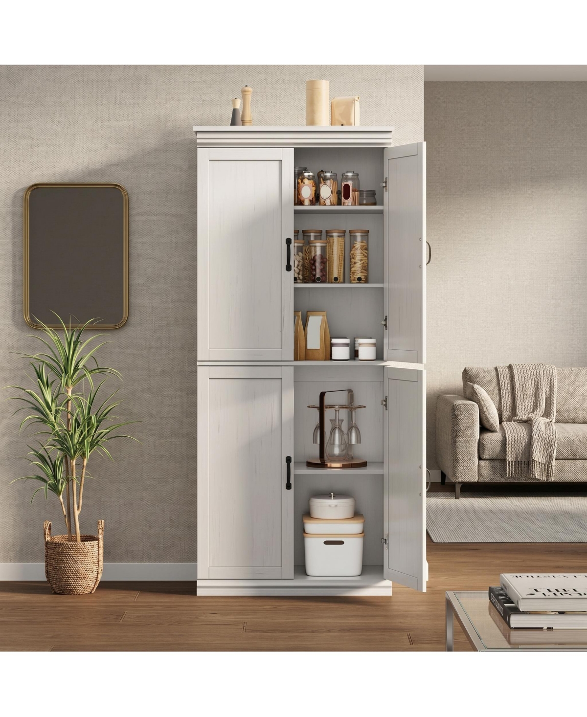 homfan Pantry Cabinet, Retro 4-Door Tall Cabinet, Engineered Wood with Adjustable Shelves