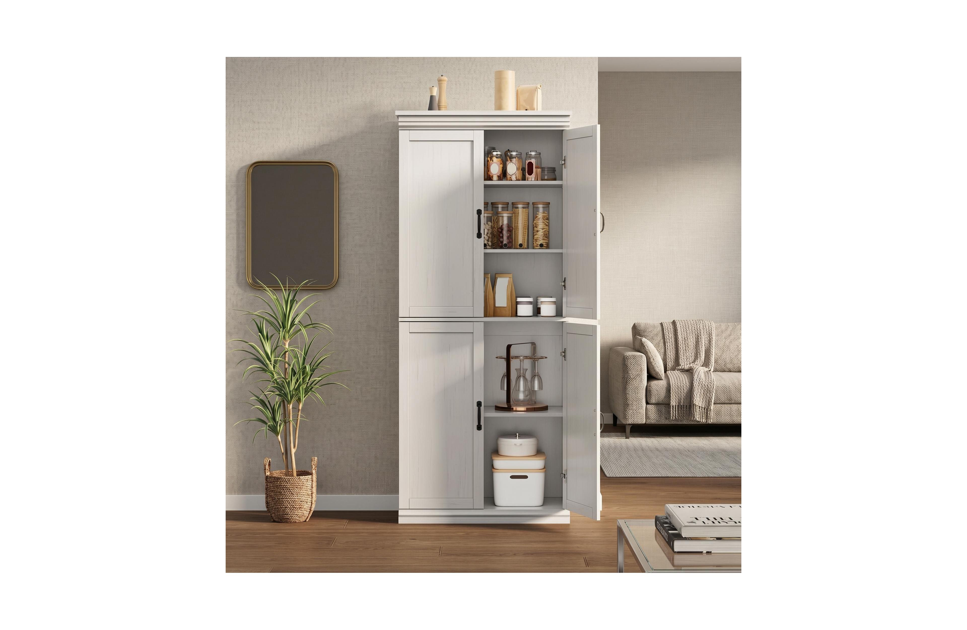 homfan Pantry Cabinet, Retro 4-Door Tall Cabinet, Engineered Wood with Adjustable Shelves