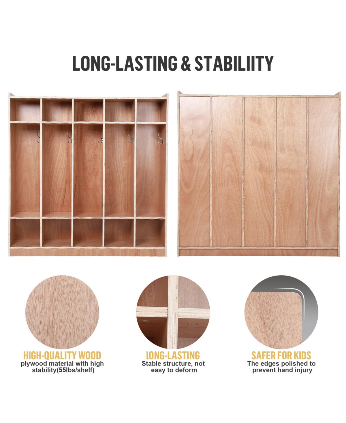 homfan 5-Section Wooden Coat Locker and 10 Storage Cubbies, Casters and Storage Boxes, Mobile Cabinet for school or Home