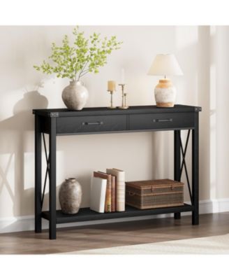  Industrial Console Table, 2-Tier Narrow Sofa Table with Drawers and Open Shelf