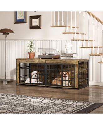 Double Dog House Furniture - Heavy Duty Wooden Indoor Kennel TV Stand with Divider - Spacious End Table Crate for 2 Medium or Large Dogs