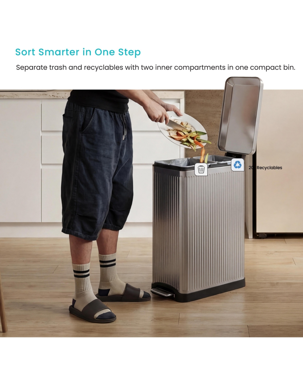 Home Zone Living 13 Gallon Dual Compartment Kitchen Trash Can with Step Pedal, Soft-Close Lid and Reeded Stainless-Steel Body