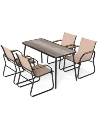 5 Piece Patio Dining Set with 55 in Rectangular Wood-Look Table and 4 Fabric Sling Armchairs