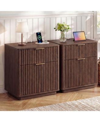 Fluted Nightstand Set of 2, Modern Bedside Tables with Charging Station and 2 Drawers, Wooden End Table for Bedroom Living Room