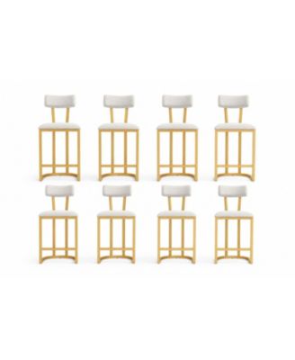 Set of 8 Gold Bar Stools Counter Height Upholstered Curved Back Metal Frame Stools for Kitchen or Dining Room
