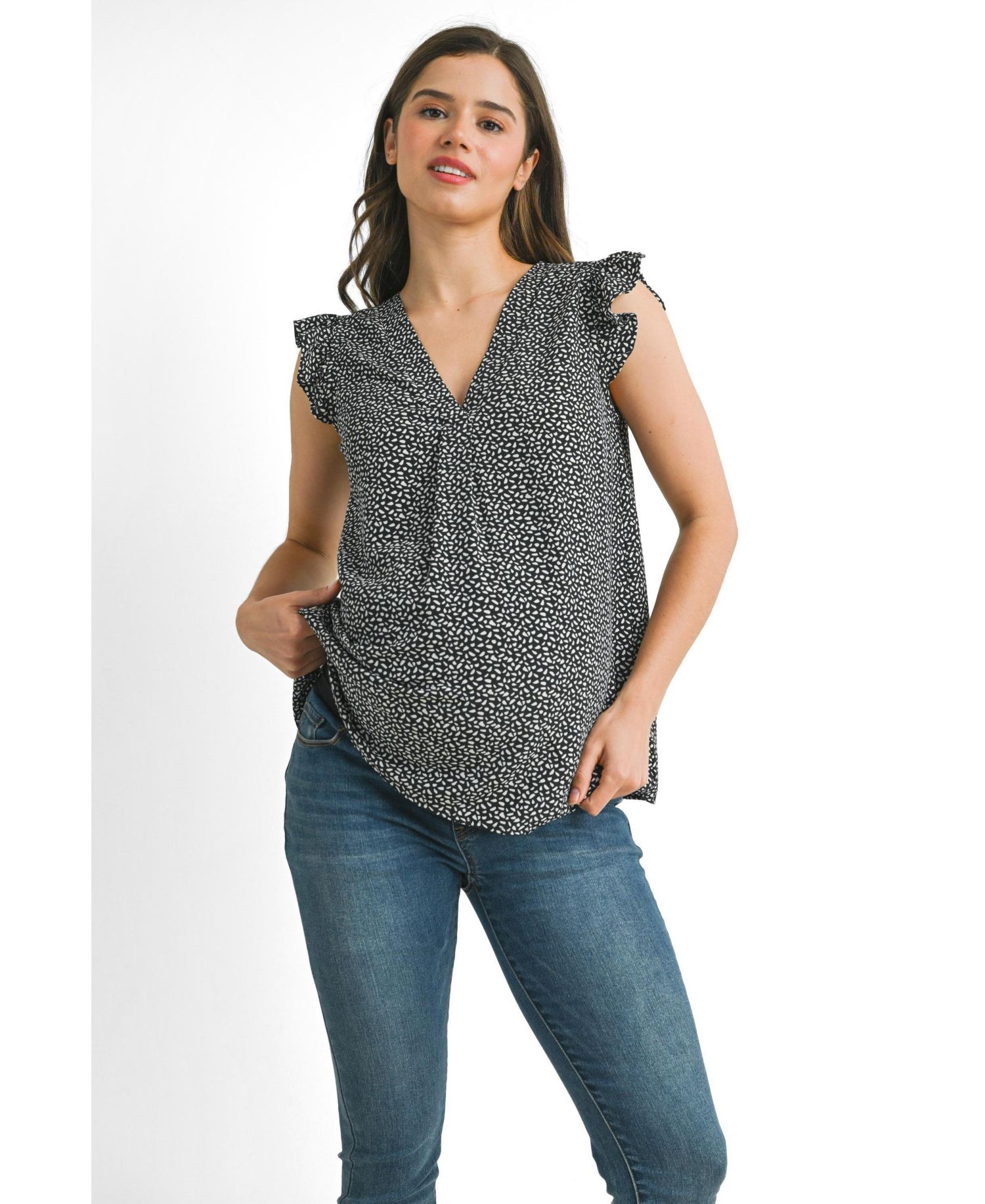 Women's Printed Flutter Cap Sleeve V-Neck Maternity Top