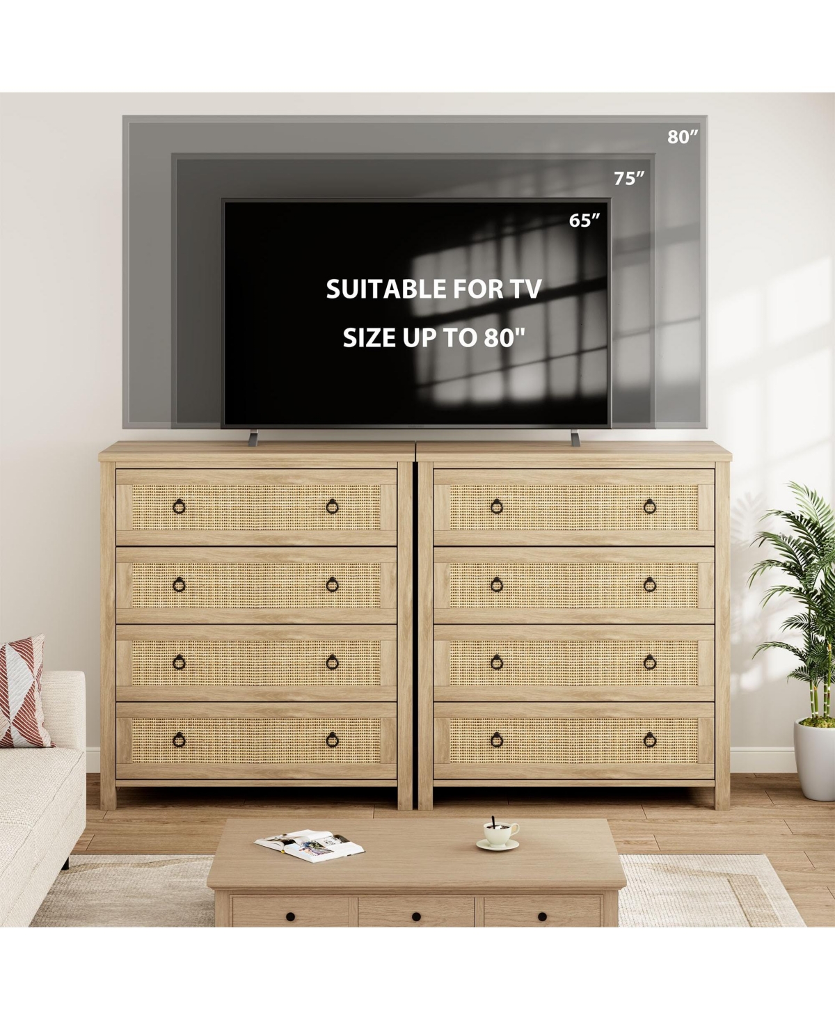 homfan 5 Drawer Tall Dresser, 45 in Rattan Dresser, Boho Chest of Drawers, Wooden Chest with Clothes Storage Cabinet