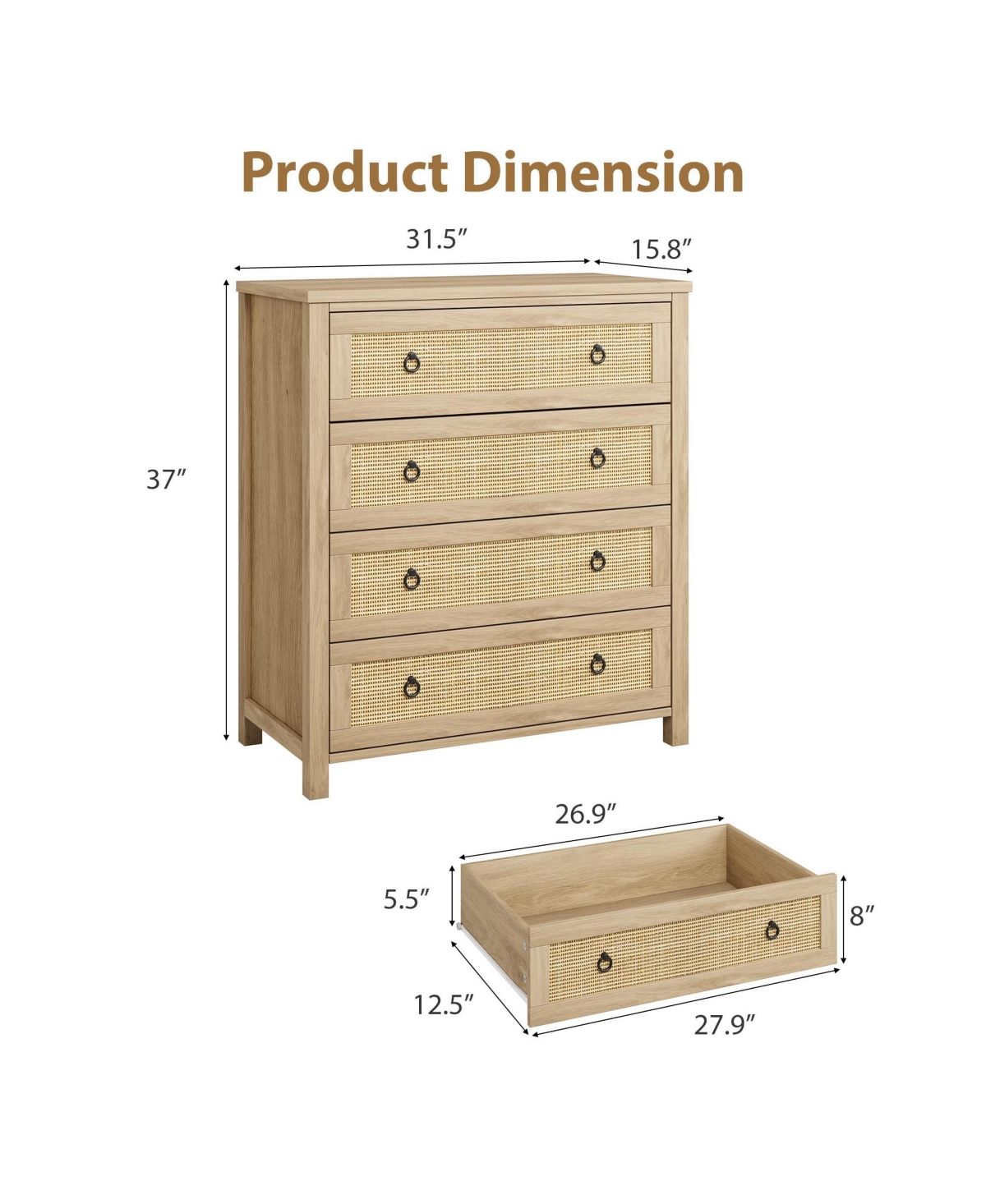 homfan 5 Drawer Tall Dresser, 45 in Rattan Dresser, Boho Chest of Drawers, Wooden Chest with Clothes Storage Cabinet
