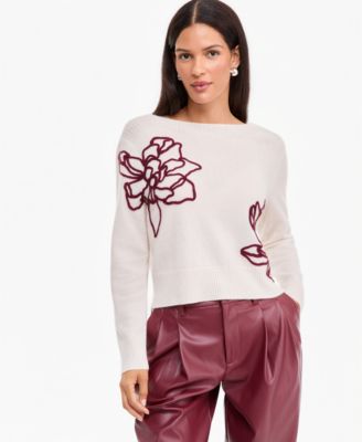Women's 100% Cashmere Boatneck Embroidered Floral Sweater
