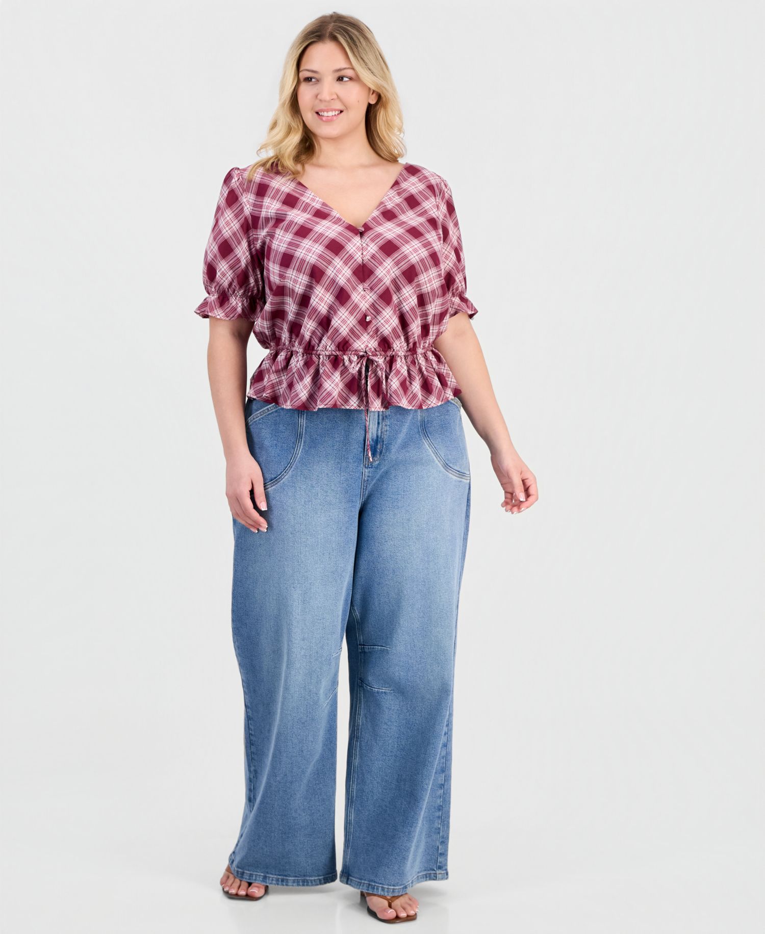 Trendy Plus Size V-Neck Button-Front Cotton Peplum Top