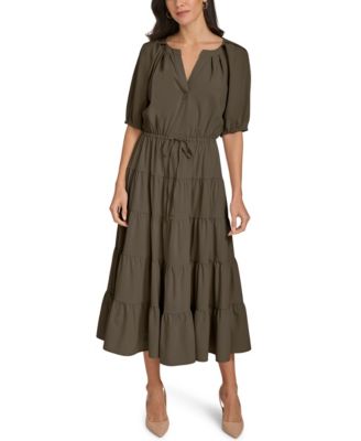 V-Neck Elastic Waistband Midi Dress 