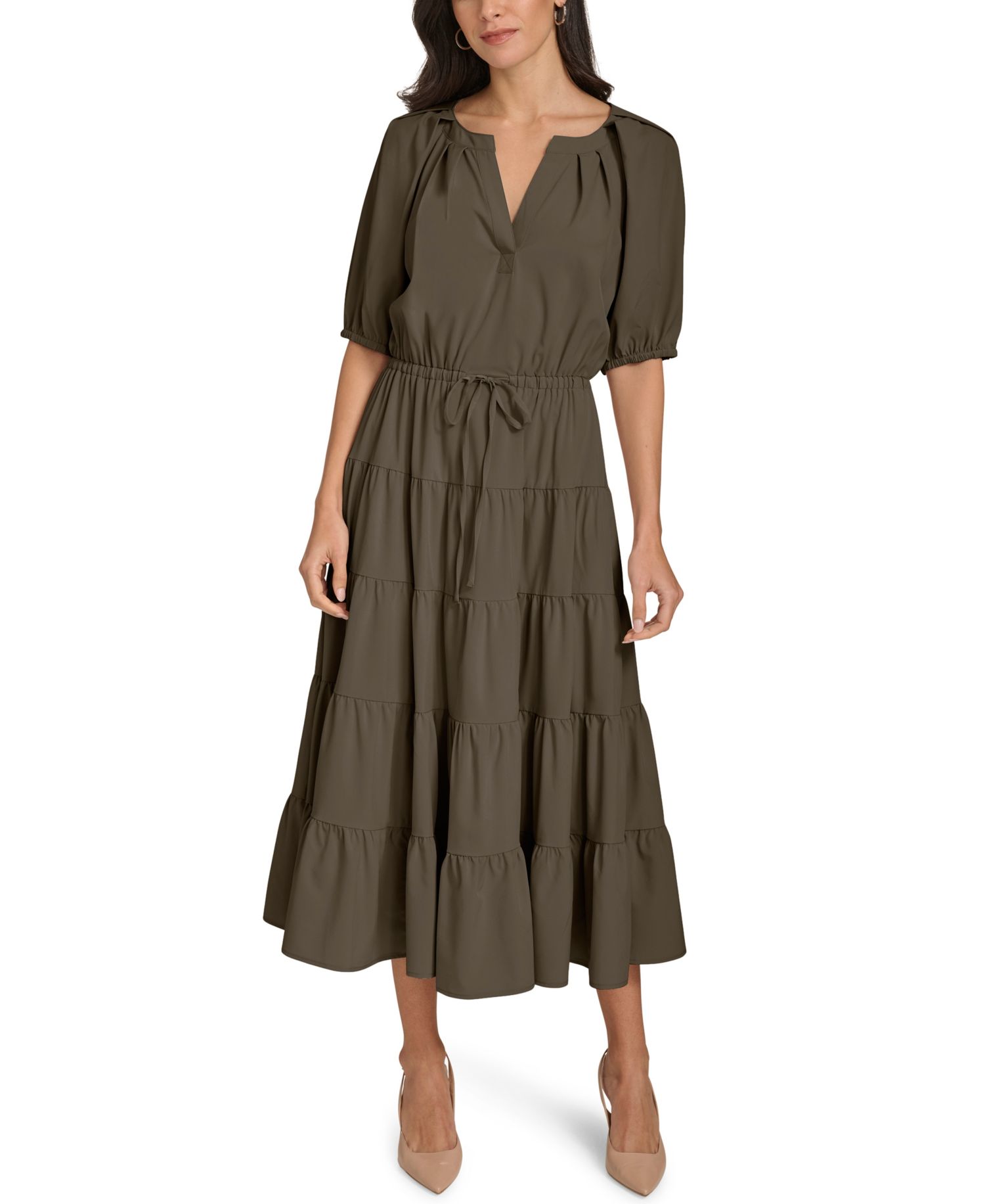 V-Neck Elastic Waistband Midi Dress