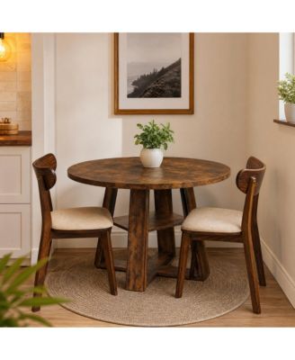 43.3" Round Dining Table for 2-4, Pedestal Base with Storage Shelf, Space-Saving for Apartment, Vintage Color