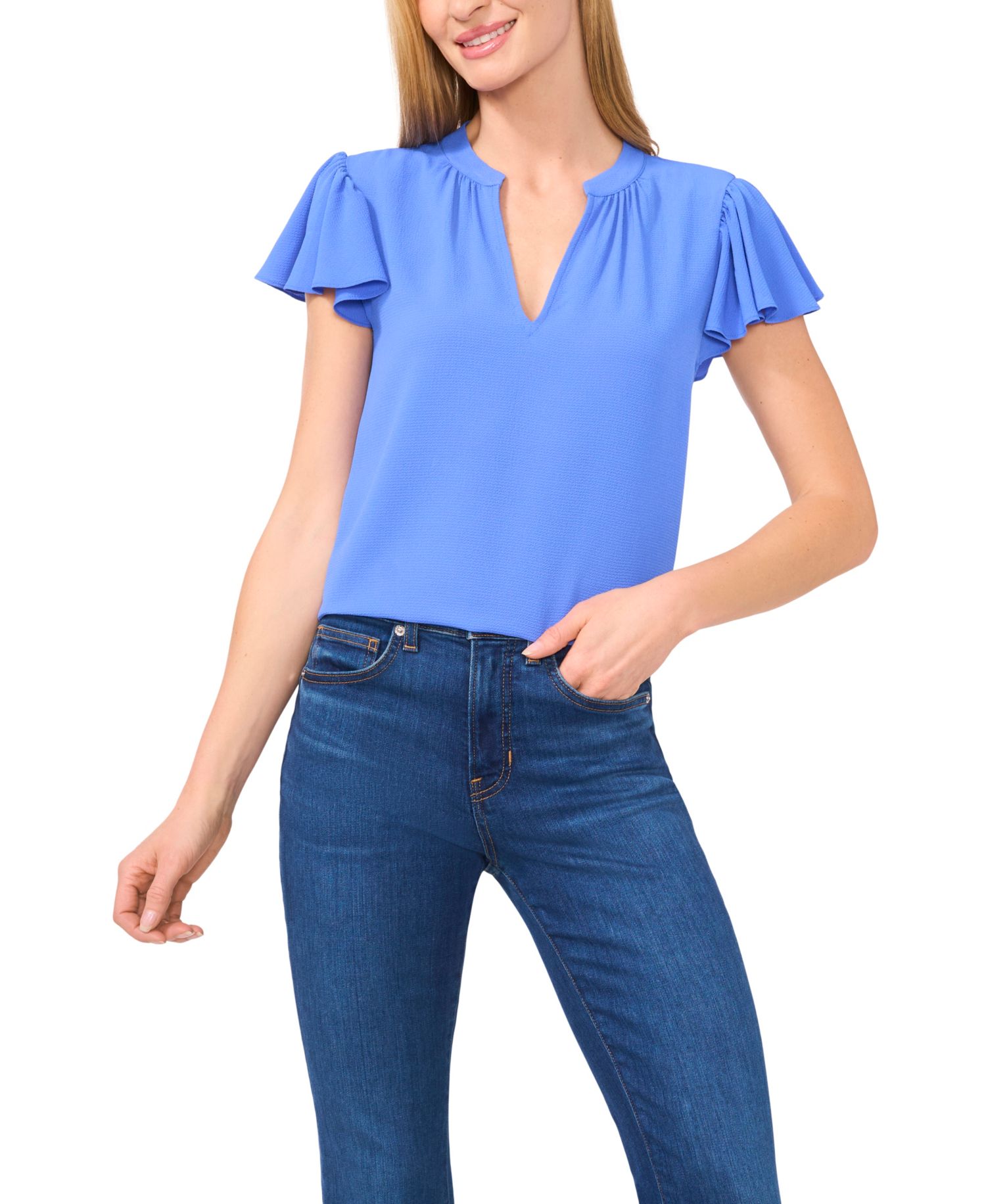 Women's Short Ruffled-Sleeve Solid V-Neck Blouse
