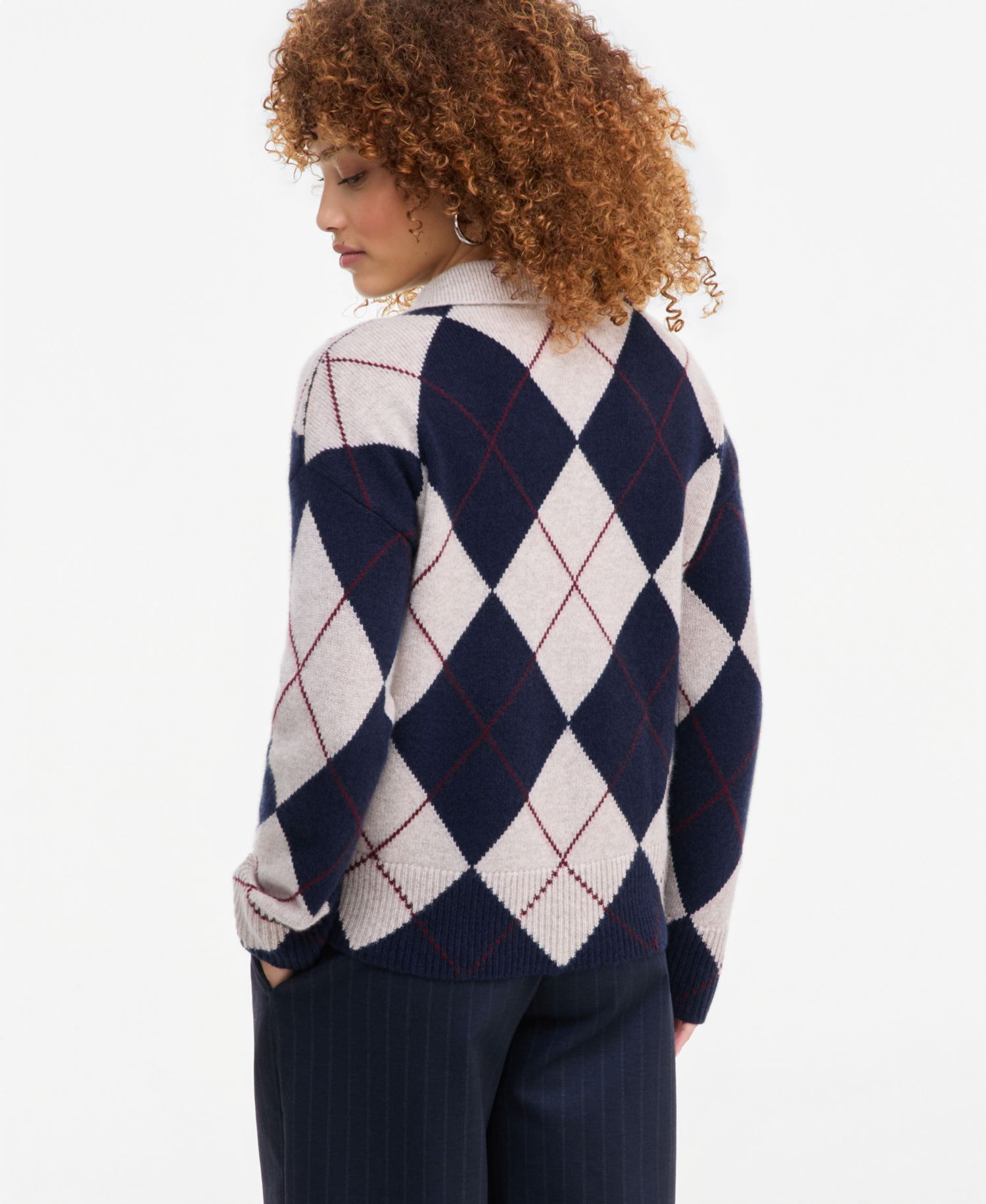 petite 100% Cashmere Argyle Oversized-Collar Sweater