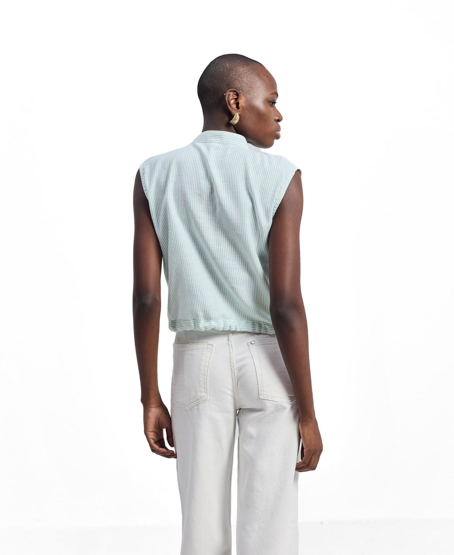 Women's Button-down Shirt with Waist Drawstring in Stripes