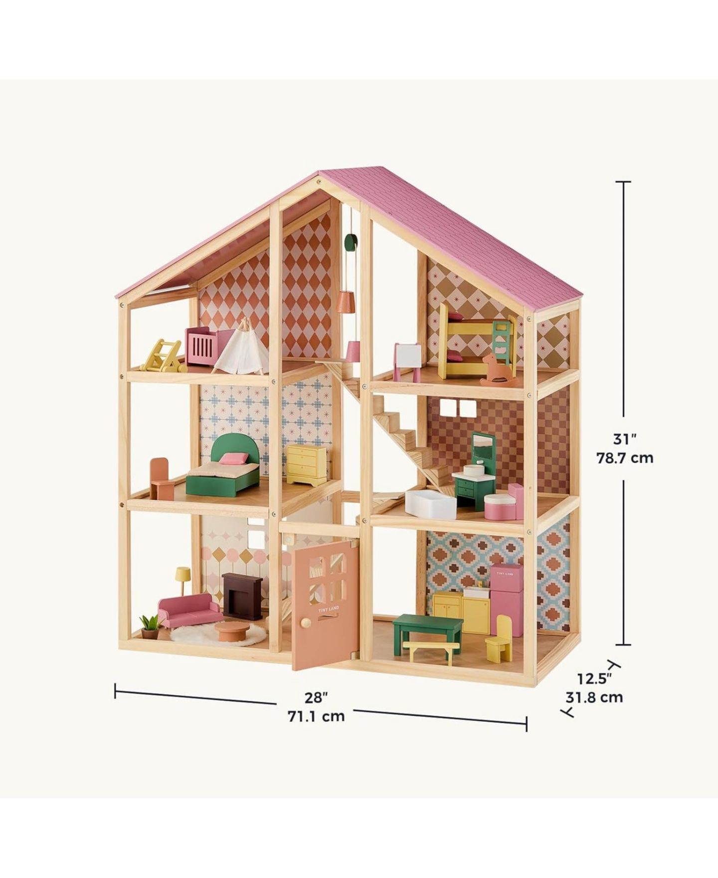 Трёхэтажный деревянный кукольный дом Tiny Land Pegasus с 31 предметом мебели, 3+, цвет: Розовый — фото 5