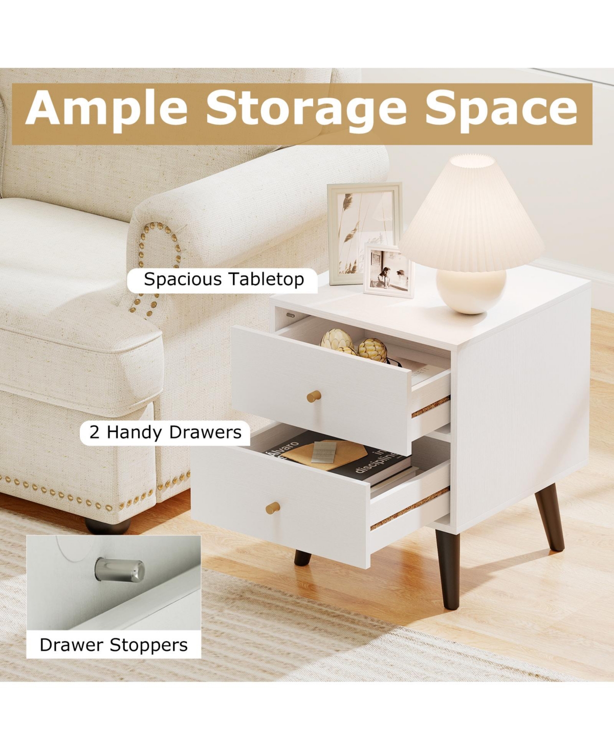 Slickblue Stylish Mid-Century Nightstand with Raised Legs and Golden Knobs