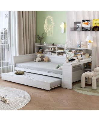  Wooden Twin Daybed with Trundle, Storage Shelves, and Study Desk