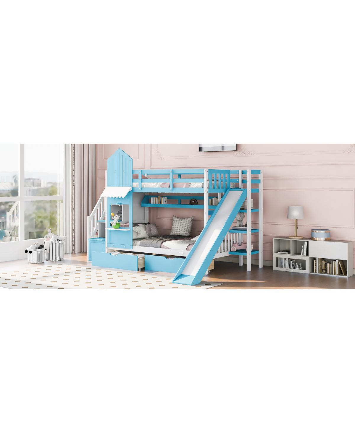 Streamdale Furniture Twin-Over-Twin Castle Style Bunk Bed with 2 Drawers 3 Shelves and Slide