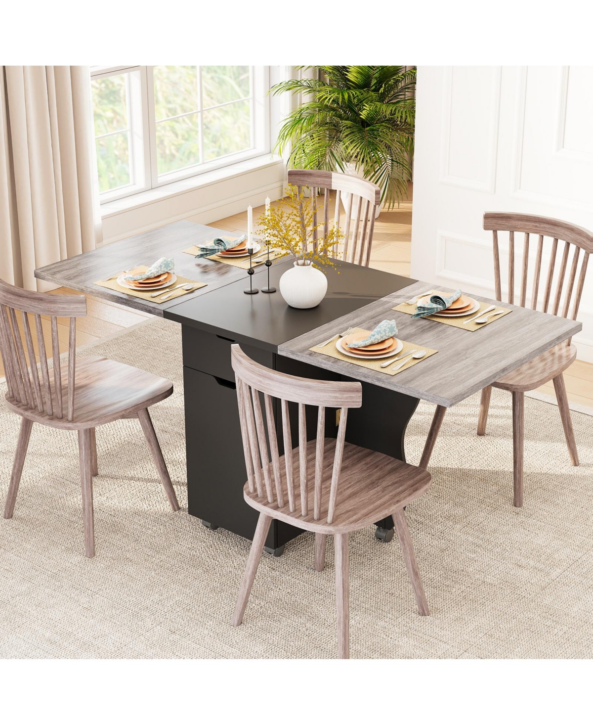 Sugift Three in One Folding Dining Table with Drop Leaf and Wheels