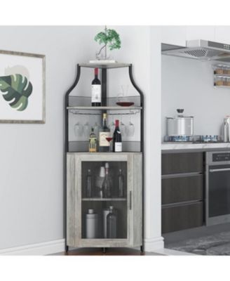 Corner Bar Cabinet, Wine Bar Cabinet with Adjustable Shelf and Glass Holder, 5-Tiers Storage Space Corner Liquor Cabinet