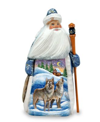 Woodcarved and Hand Painted Santa Wolf and Bird Figurine