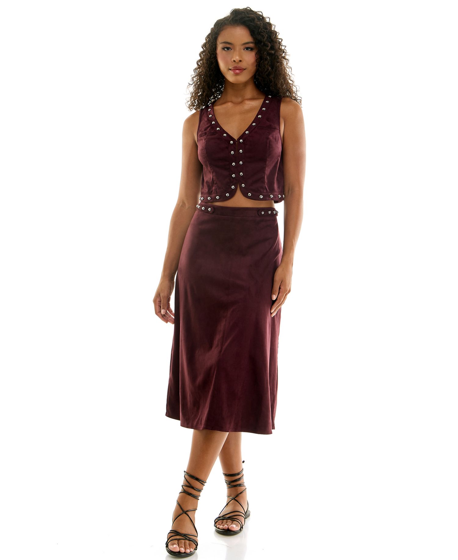 Juniors' Suede V-Neck Studded Vest and Midi Skirt Set